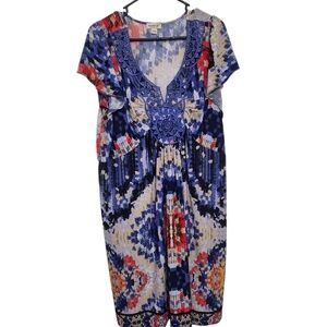 One World 2X Cap Belle Sleeve V-neck Elastic Back Waist Neutral Dress